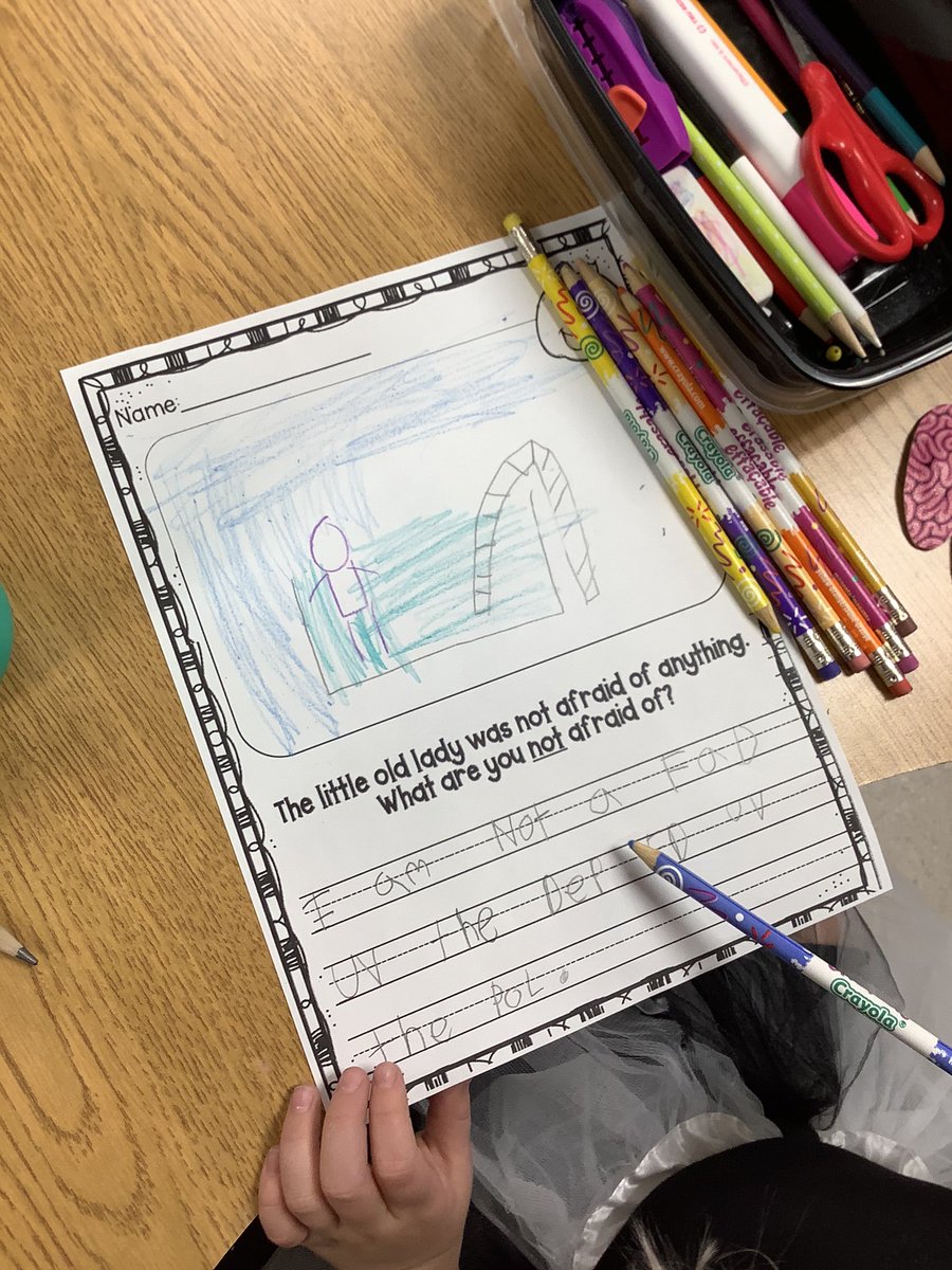 heatherimrie's tweet photo. Today we read “The Little Old Lady Who Was Not Afraid of Anything”. We shared in the reading together and included actions to help remember the order of events. Next, we completed a cut/paste activity to retell the story. Finally, we wrote about something we aren’t afraid of. https://t.co/o48YJWUSnz