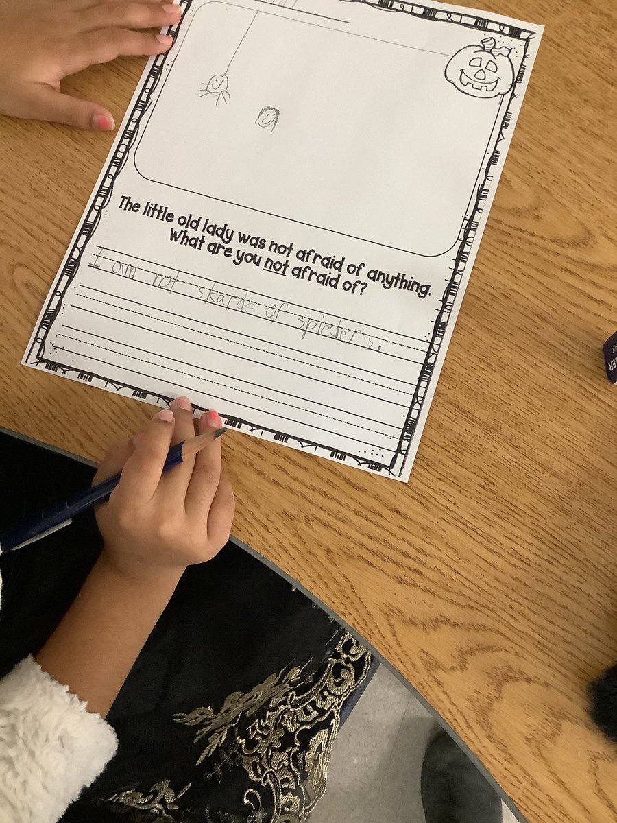heatherimrie's tweet photo. Today we read “The Little Old Lady Who Was Not Afraid of Anything”. We shared in the reading together and included actions to help remember the order of events. Next, we completed a cut/paste activity to retell the story. Finally, we wrote about something we aren’t afraid of. https://t.co/o48YJWUSnz