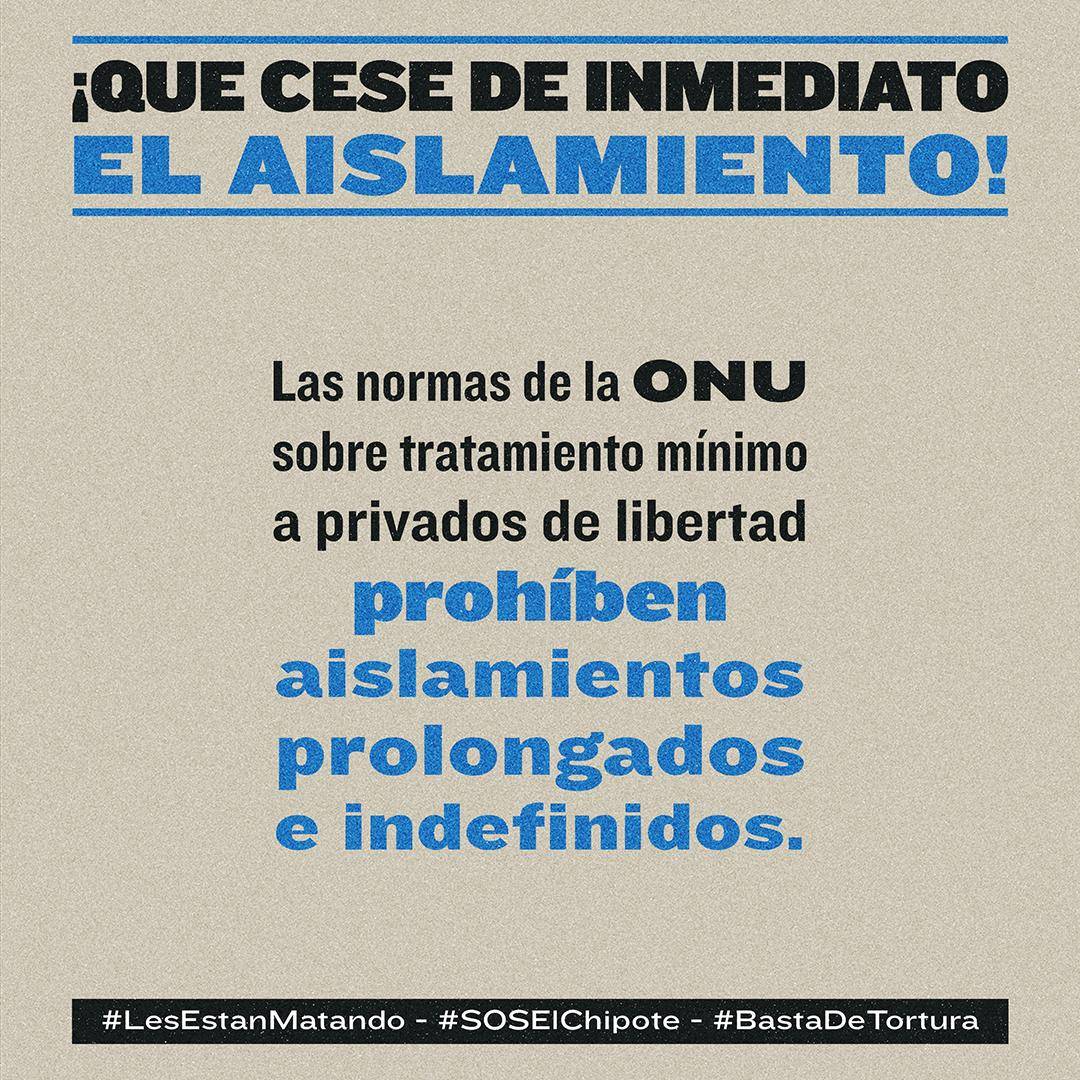 Articulo66Nica's tweet photo. Las reglas de la ONU sobre tratamiento mínimo a los reclusos prohíben aislamientos prolongados e indefinidos. Sin embargo, varias de las personas secuestradas en El Chipote tienen más de 150 días encerradas y aisladas. #LesEstanMatando #SOSElChipote #BastaDeTortura https://t.co/rOibh5bMLW