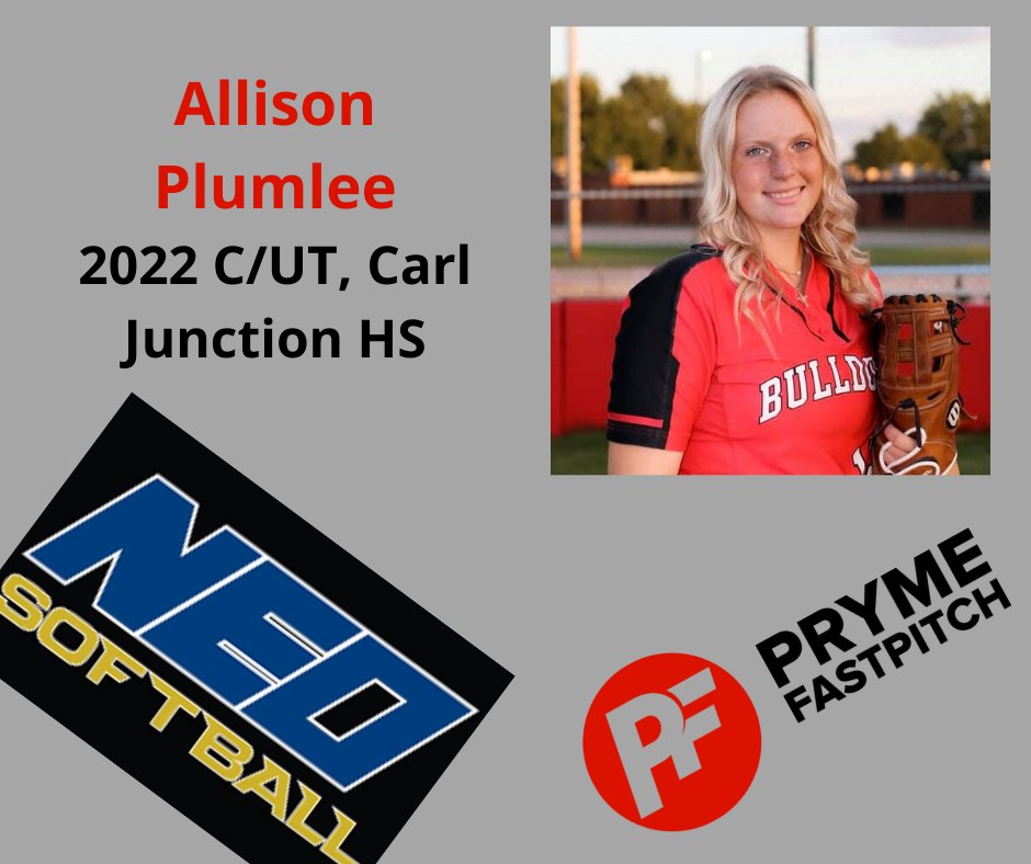 prymefastpitch's tweet photo. *COMMITMENT ALERT* Allison Plumlee (2022, Carl Junction HS) has verbally committed to NEO College to continue her academic and athletic career!   We're so happy for you Allison!  Coach Burnett and staff are getting a good one! 
#prymefastpitch
#prymekidsgetrecruited https://t.co/kruXgrHBYM