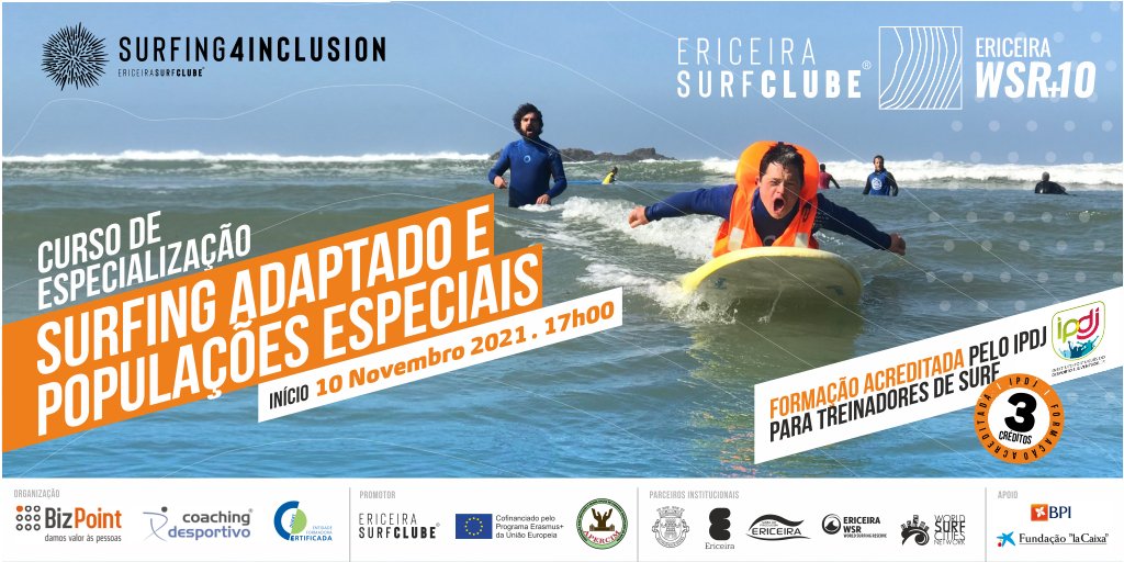 EriceiraSC's tweet photo. CURSO DE ESPECIALIZAÇÃO EM SURFING ADAPTADO E POPULAÇÕES ESPECIAIS
FORMAÇÃO ACREDITADA PARA TREINADORES DE SURFING – 3 Créditos
Inicio a 10 de Novembro, às 17h00
Inscrições:surfing4inclusion@gmail.com https://t.co/4bhgVYKcyt