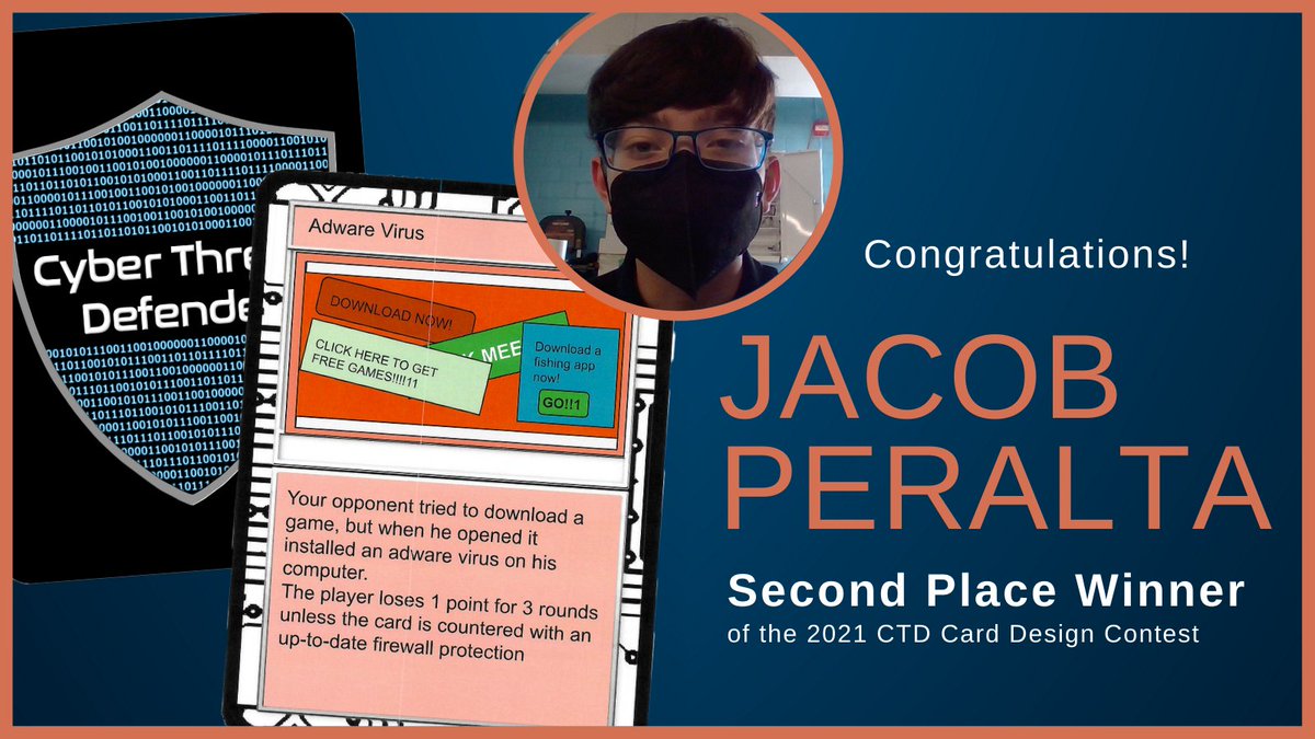 Kudos to Jacob Peralta for placing second in our 2021 Cyber Threat Defender Card Design Contest! Make sure to check out his Adware Virus Attack Card in CTD Digital on Nov. 15th! Learn more about the contest &gt; bit.ly/2VD7cso  #CybersecurityAwarenessMonth #ContestWinner