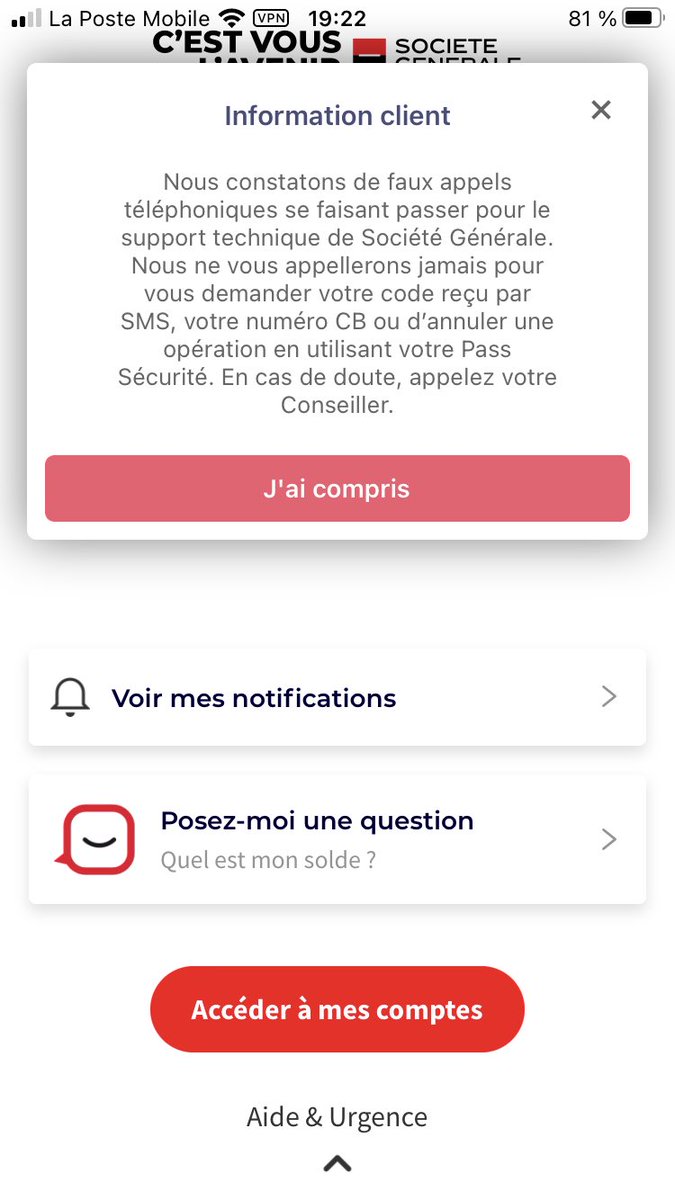 MacronTaulard's tweet photo. Attention ⚠️ je viens de recevoir ça 🤔Des gens appel en se faisant passer pour la banque ne donner aucune information par téléphone même jamais #Banque #Hack #SocieteGeneral #France #CoupDePute https://t.co/CxiXGv5nUH