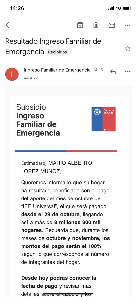 cota_cg's tweet photo. @GobiernodeChile #ifeuniversal 
Me ha llegado un correo que envía el supuesto Gob de Chile, sobre un tal Mario que recibirá el IFE. me pareció raro y comencé a buscar en redes sociales si a alguien le había sucedido. Muchos están recibiendo el mismo correo. No abrir links😟 https://t.co/rh6TqhbNnb