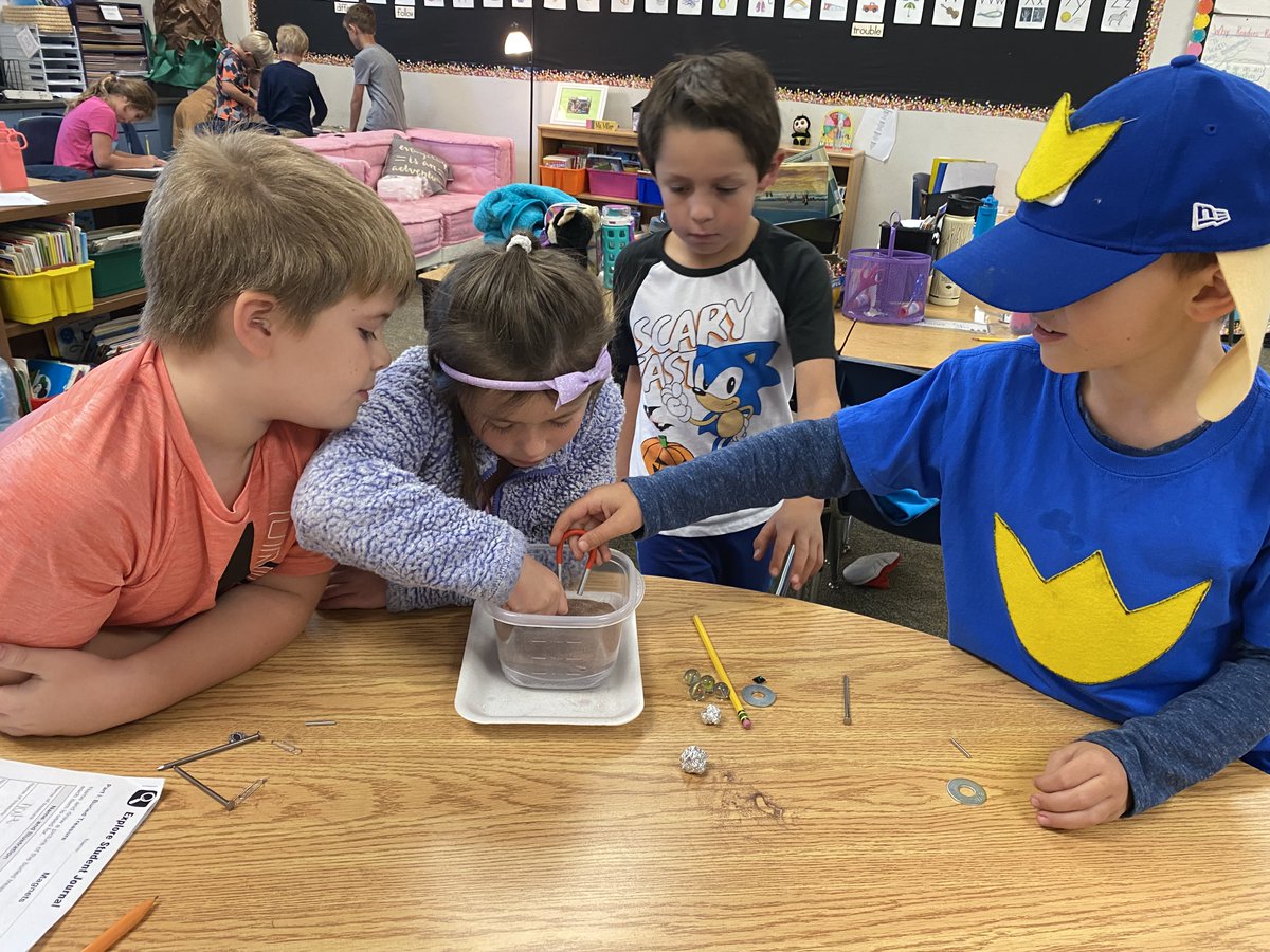 Purefoy2nd's tweet photo. Costumes and magnets - what could be more fun?! Students have loved exploring and identifying how magnets are used in everyday life while dressed in their favorite book character costumes. We all scream for science! #WeAreOne #FISD2 #Purefoy https://t.co/KDCw69VIT2