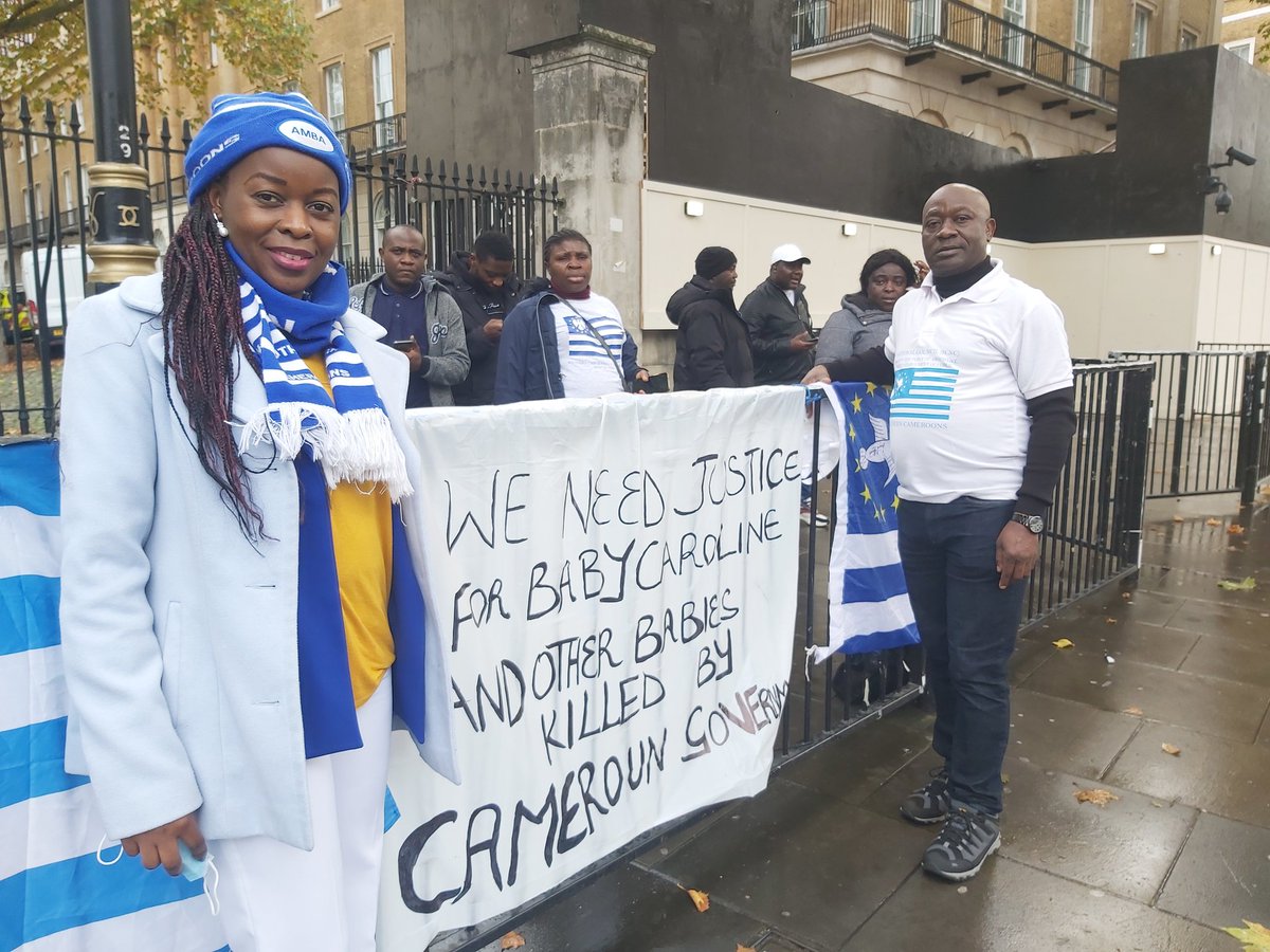 There is a genocide going on in Southern Cameroon, says <a href="/FriendsBSC/">Friends Of British Southern Cameroons</a> at <a href="/downingstreet/">No10</a>. We are protesting against the human rights abuses being committed by the Camerounian govt, and on 14th Oct a 5yr old girl was killed by military.