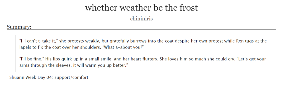 ShuannWeek's tweet photo. Happy #FanficFriday! Today's recommendation was written for this year's #ShuannWeek! Craving some #Shuann P5 Strikers content? whether weather be the frost by @chininiris has you covered! #Renann #Akirann
Read it here: https://t.co/ccJArQOf3O https://t.co/dkqP1Tzu0b