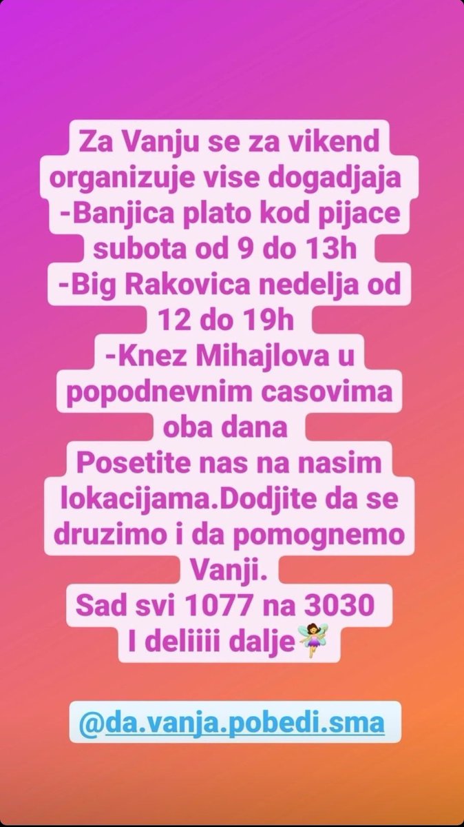 Molim za RT sve koji mogu  ovog vikenda  udarno za malu Vanju  . <a href="/DaVanjaPobedi/">Da Vanja pobedi SMA</a>