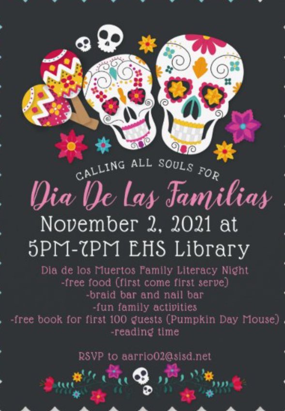 LibrarianAnGe's tweet photo. Come join our Dia de los Muertos Family Literacy night Nov 2 
RSVP to aarrio02@sisd.net

@SOrtega_HHES @eromero_DWS @MRodriguez_MRES @SAguirre_LMS @ICastillo_EMS 
#SISD_Reads https://t.co/C9hwylKH1b