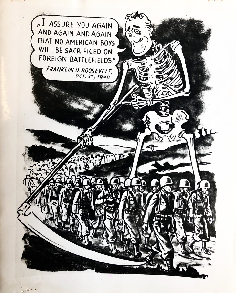 “I assure you again and again and again that no American boys will be sacrificed on foreign battlefields” — Illustration from a German propaganda leaflet (ca. 1943) showing President Roosevelt as the reaper towering over a column of US soldiers.