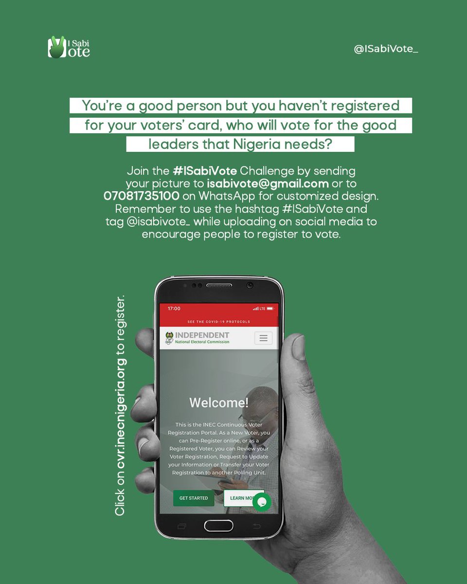 ISabiVote_'s tweet photo. Have you heard about the #ISabiVote Challenge? 
It’s an online challenge to get people register for their voters’ cards cos it’s one thing to keep complaining, it’s another thing to take actio. Register for your voter’s card today and get other people to register.
#2023
#Nigeria https://t.co/WU6oLf9jyI