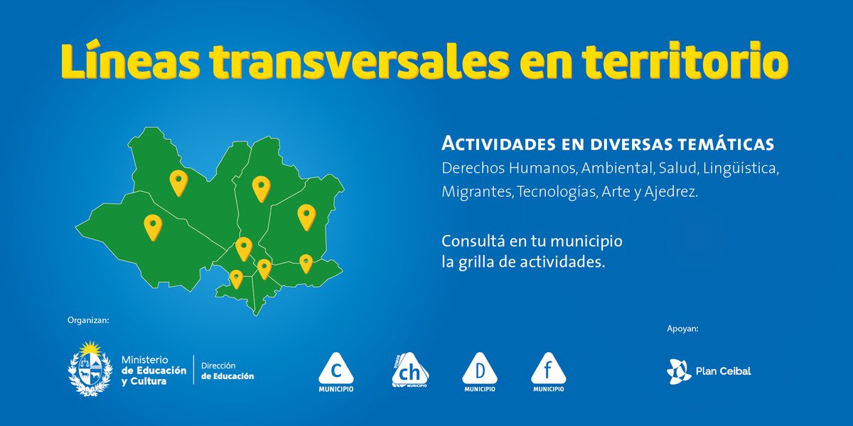 🟢🟡¡La Dirección de Educación realizará talleres y actividades en Municipios de Montevideo durante las próximas semanas!

♟️Ajedrez
🍀Ambiente
⚕️Salud
👩‍💻Tecnología
🔠Lingüística 

🏃‍♂️🏃‍♀️¡Acercate a tu municipio y enterate de todas las propuestas!

#educacion 
#actividades