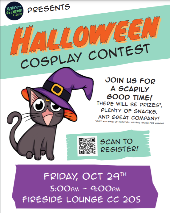 Please Join Anime Game Club Today For a Scarily Good Time! As they host their "Halloween Cosplay Contest" 5:00pm-9:00pm on Campus in the Fireside Lounge CC205. There will be Prizes, Snacks, and Great company. Register below only if you want to participate. Hope to see you there!