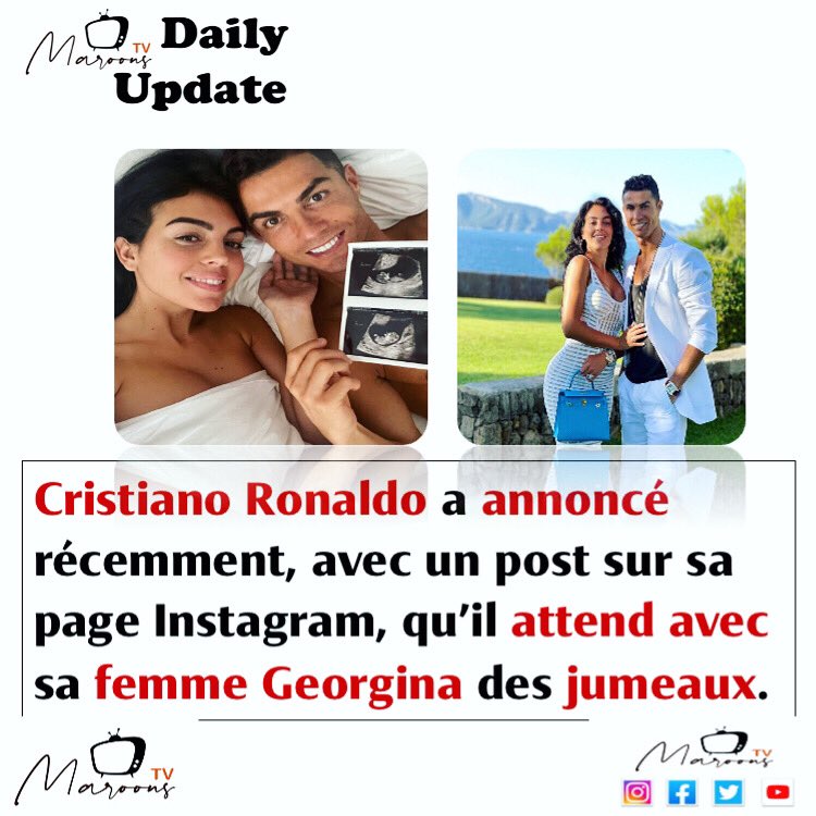 MaroonsTv's tweet photo. @Cristiano recently announced, with a post on his Instagram page, that he is expecting twins with his wife Georgina.

#MaroonsTvDailyUpdate
#MaroonsTV

2/2 https://t.co/kx9ZyPIZMZ