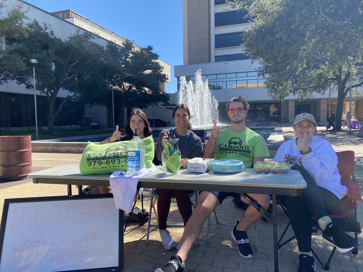 tamu_sga's tweet photo. This week, CARPOOL celebrates 22 years of safe rides for the campus of Texas A&M! ππ
Make sure to visit their table and talk to some βCarpooligansβ at Rudder Plaza before 3pm and also grab a free celebratory cupcake! π§
#TAMUSGA #CARPOOL #CARPOOLigans https://t.co/LVY8YQaz5M