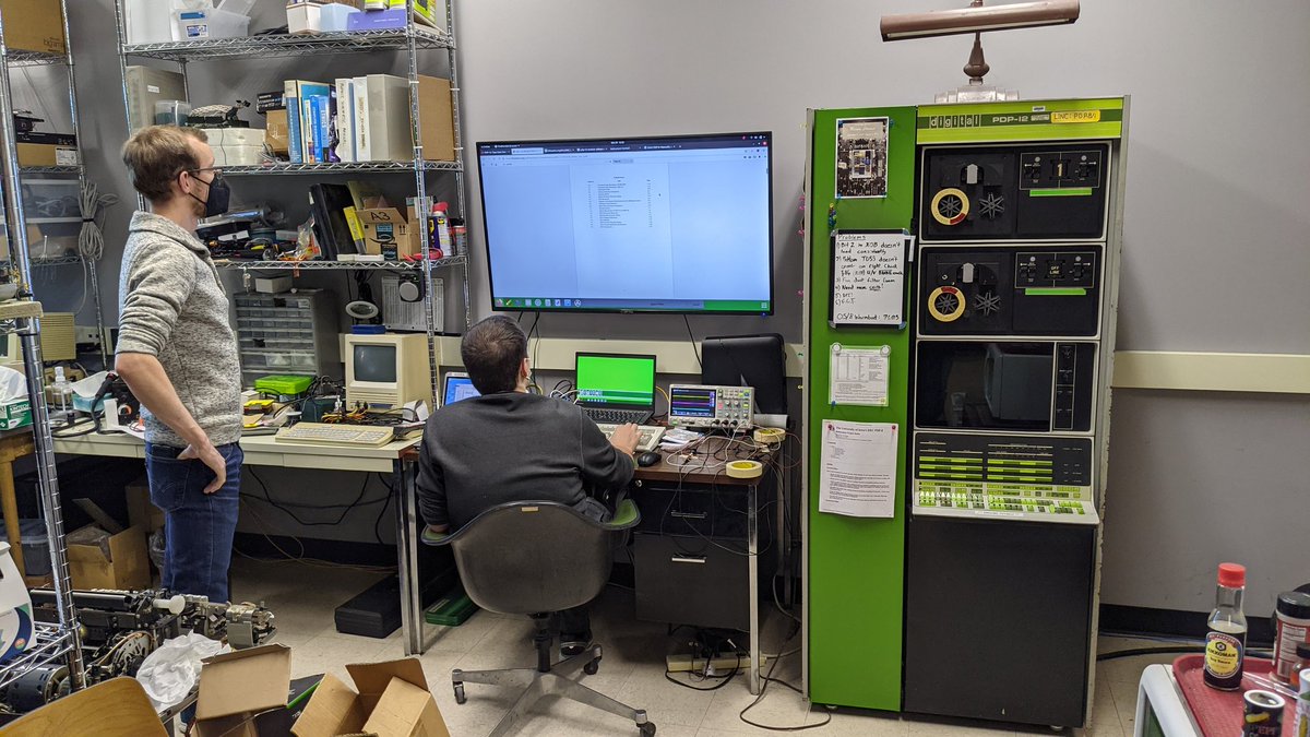 tastytronic's tweet photo. So, we are rerunning the original diagnostics to see if/what broke in the last two years. And look who showed up -- Chandler! #umdpdp12 #pdp12 #vintagecomputing #dec #retrocomputing https://t.co/cuqx8P4mm5