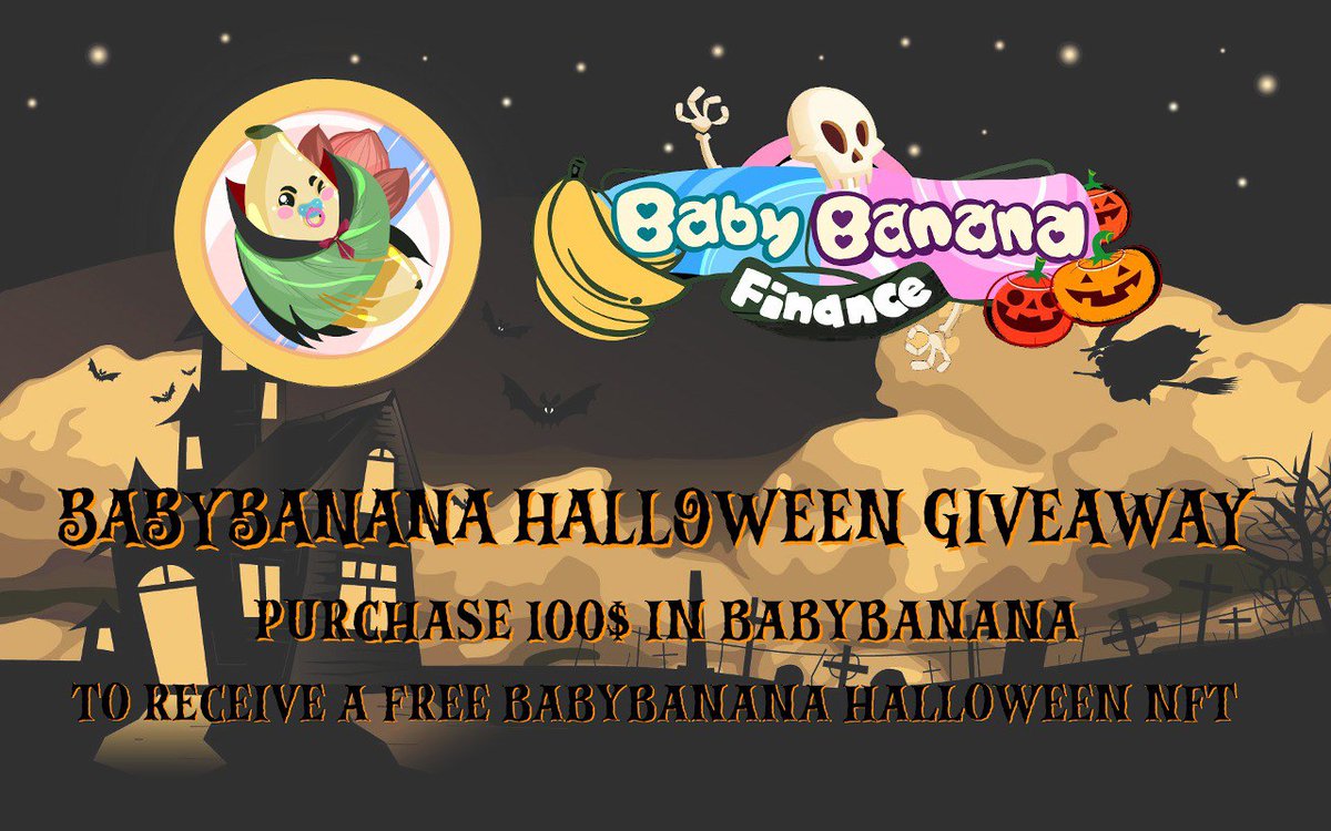 BabyBananaToken's tweet photo. 🎃🍌Halloween NFT Giveaway!! 

The team at @babybananatoken
Is giving away a free BabyBanana Halloween NFT to everyone who makes at least a $100 buy and posts the transaction ID in our telegram and tag @barakdhor https://t.co/yeZb90IU1A