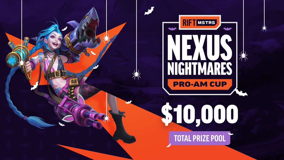 RiftMSTRS's tweet photo. It's time to get spooky on the Rift. 👻

Introducing our Nexus Nightmares Pro-Am Cup!

🔸 $10,000 Prize pool
🔸 4 Creator team captains
🔸 October 30th &amp; 31st 

More details below! https://t.co/UD03oiTlHn