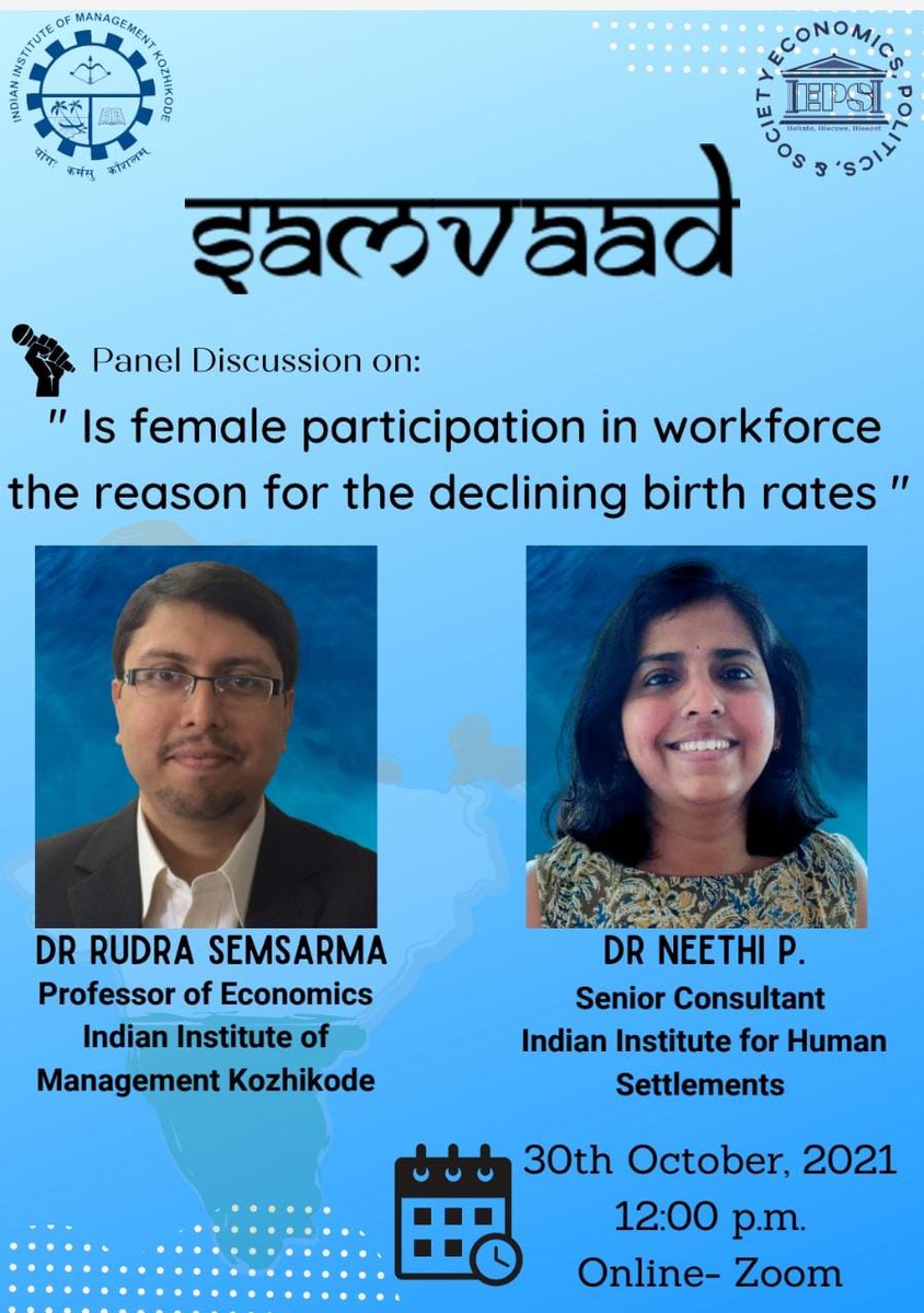 eps_iimk's tweet photo. Is the female participation in the workforce the reason for the declining birth rates?

Why not hear it from the experts?

EPS Team is delighted to present “Samvaad” - an annual panel discussion on contemporary issues. https://t.co/Wq82BQzvFR