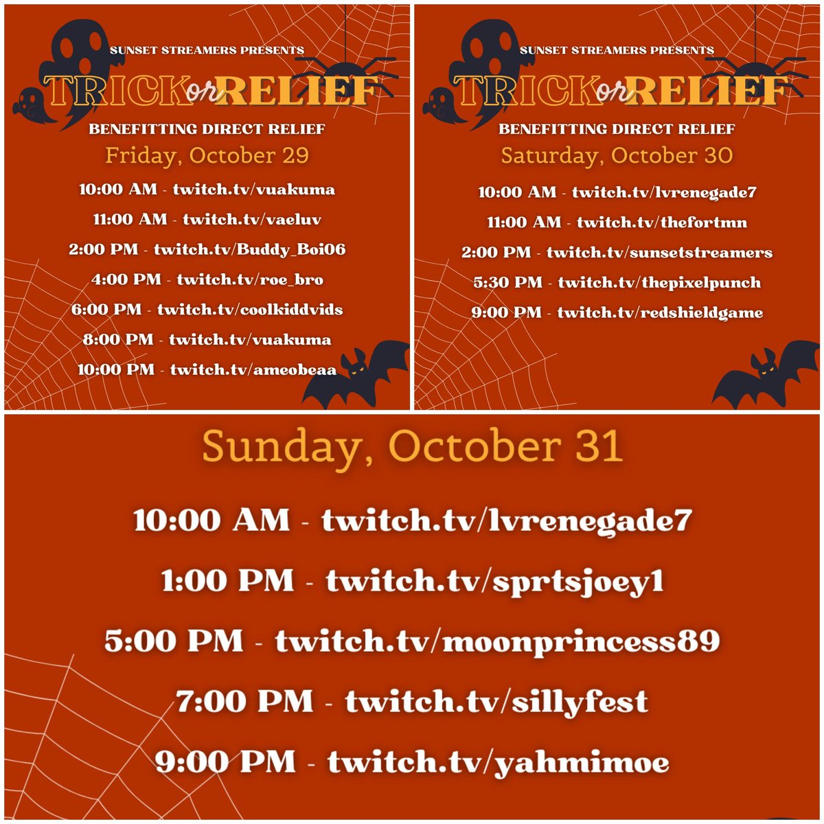 MoonPrincess989's tweet photo. Day 1 of the #TrickOrRelief. Please join us @ this fun #charity event w/ #SunsetStreamers, @LeagueNevada, @lvypkiwanis, @ShogunateGaming, Buddies 4 Charity, @StormRushGaming &amp; many more.
#twitch #stream #streamcharity #fundraiser #fundraising 

https://t.co/RzumWafB5Y https://t.co/qC7zpX0l6f