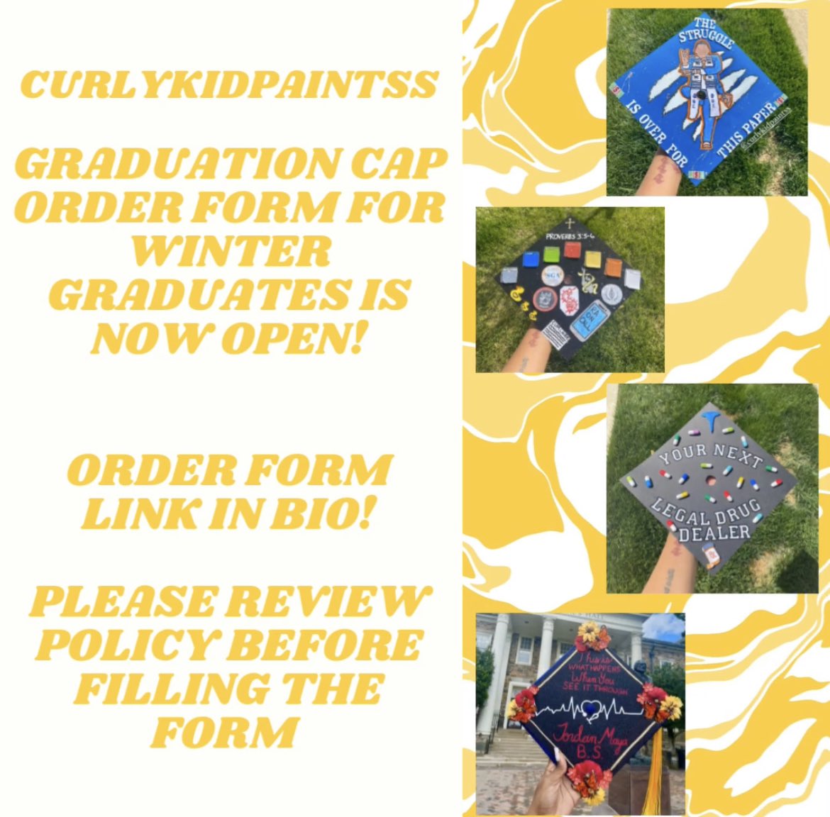 thenewnormaal's tweet photo. The time has come around again and graduation season is underway! I am now taking graduation cap orders for winter graduates! Hope y’all ready for another commencement full of heat from your favorite curly kid💛 link in bio to review policy and order!! https://t.co/x8PQ4SCxzy