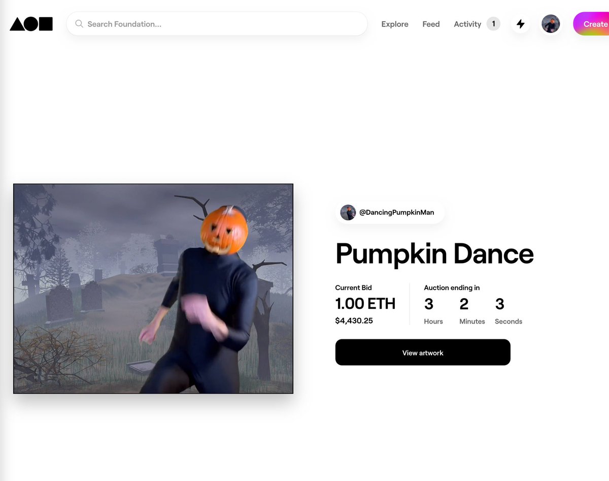 dancepumpkinman's tweet photo. What a treat! So thankful to be on the front page of @withfnd for my Pumpkin Dance #NFT! Just under 2.5 hours to go on the auction! https://t.co/bLAPhmLZVY https://t.co/B8ZLTWN5mn