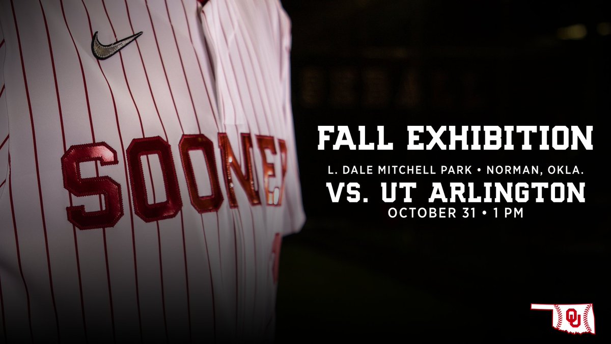 OU_Baseball's tweet photo. See you at Mitchell Park on Sunday!
 
🆚 UT Arlington
🗓 Sunday, Oct. 31
🕐 1 p.m. CT
🏟 L. Dale Mitchell Park 
💻 @SoonerSportsTV
 
https://t.co/11Jb66qg9r | #Sooners https://t.co/YUW1SHPUNu