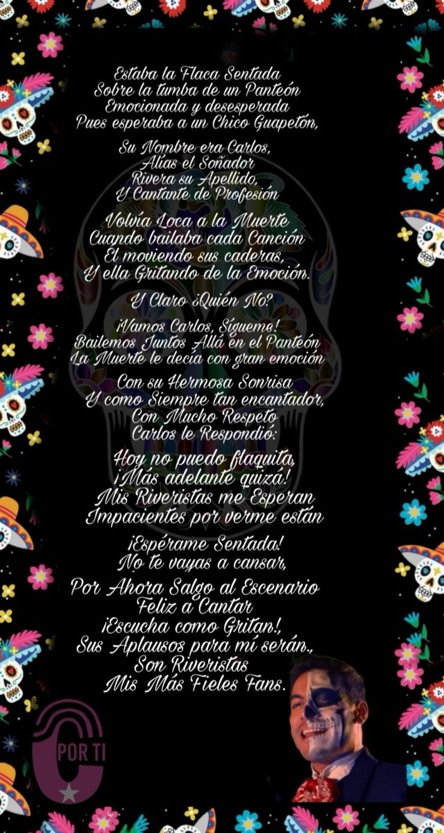 BrendaUrquietaC's tweet photo. Ya se acerca Una de Nuestras más Bonitas Tradiciones 🇲🇽
          🌸 Día de Muertos 🌸
y en éstas fechas no pueden Faltar las tradicionales #Calaveritas y hoy tocó el turno a mi Artista Favorito @_CarlosRivera
@CR_ClubPorTi
@PorTi_SedeMty

Con Mucho Cariño ❤️ https://t.co/aDEMjfqqqH