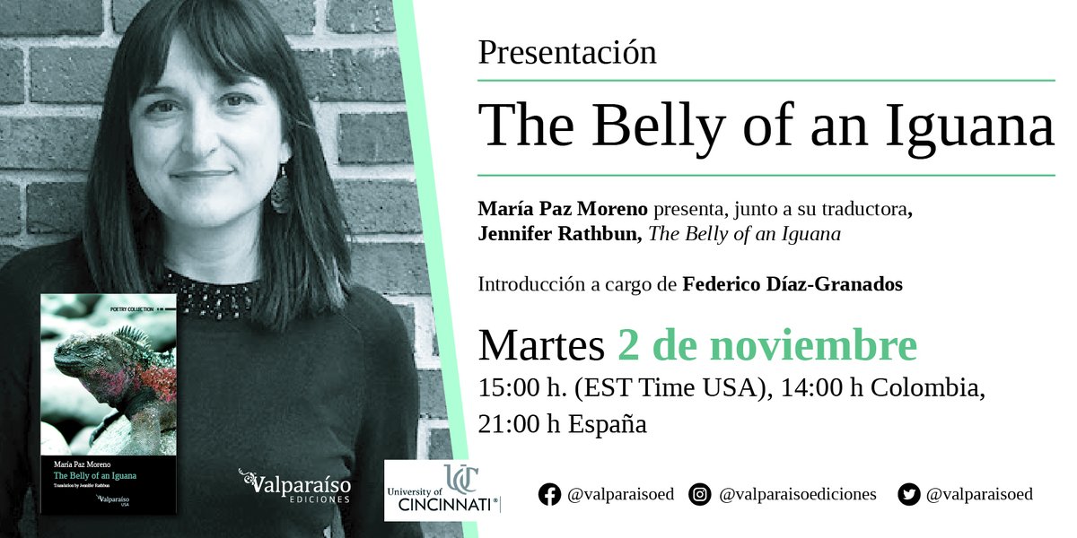 Would you like to hear some poems? Tuesday, Nov. 2nd at 3 PM: "The belly of the Iguana" 
It will be broadcast live here:    
Facebook: Valparaíso Ediciones  <a href="/valparaisoed/">Valparaíso Ediciones</a>
Twitter: Valparaíso Ediciones (<a href="/valparaisoed/">Valparaíso Ediciones</a>) 
Youtube: youtube.com/watch?v=8gmyN_…