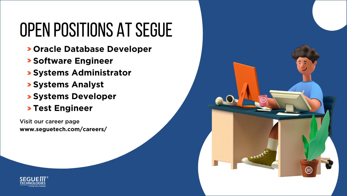 seguetech's tweet photo. Join our team!
Visit our career page: https://t.co/q5xFdbpb8W
#SegueTechnologies #TetraTech #OracleDBA #DBA #Oracle #SoftwareEngineer #SoftwareDeveloper #developer #SystemsAdministrator #SystemsAdmin #SystemsAnalyst #SystemsDeveloper #TestEngineer #Remedy #hiring #jobs https://t.co/dORv2zyV9D