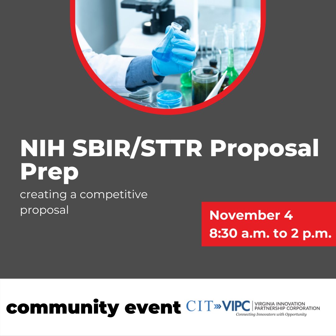 Life science company planning on submitting an <a href="/NIH/">NIH</a> proposal? Register for @CITorg #SBIR #STTR propsal prep webinar on Nov. 4 to learn what makes a competitive submission events.eply.com/NIHSBIRSTTRPro… #lifesciences #biotech #innovation <a href="/vabio/">Virginia Bio</a> <a href="/VCUENGR/">VCU Engineering</a> <a href="/UVAEngMed/">UVA Center for Engineering in Medicine</a>
