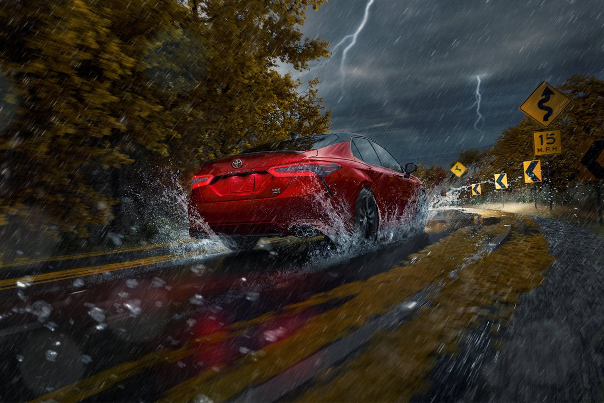 ToyotaWestBank's tweet photo. Even on a dark and stormy night, the #Toyota Camry #Hybrid delivers an electrifying performance. ⚡ #AcceleRide #Halloween https://t.co/94HZwgLLX2