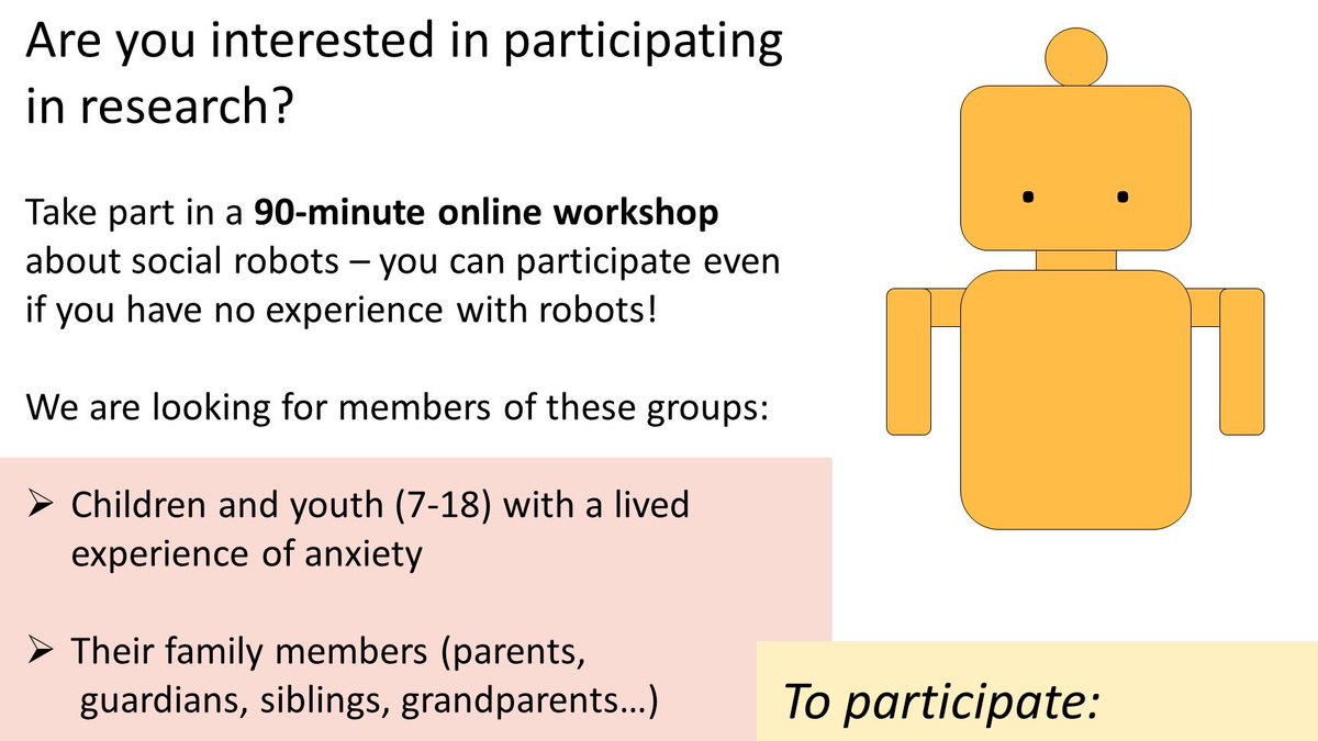🔊 Research participants needed! 

👧👱 Kids and youth with lived experiences of anxiety 

👩‍🦰👴 Their family members 

🤖 Take part in a 90-min online workshop about social robots. You can participate even if you have no experience with robots! 

Visit: bit.ly/UBCrobot5