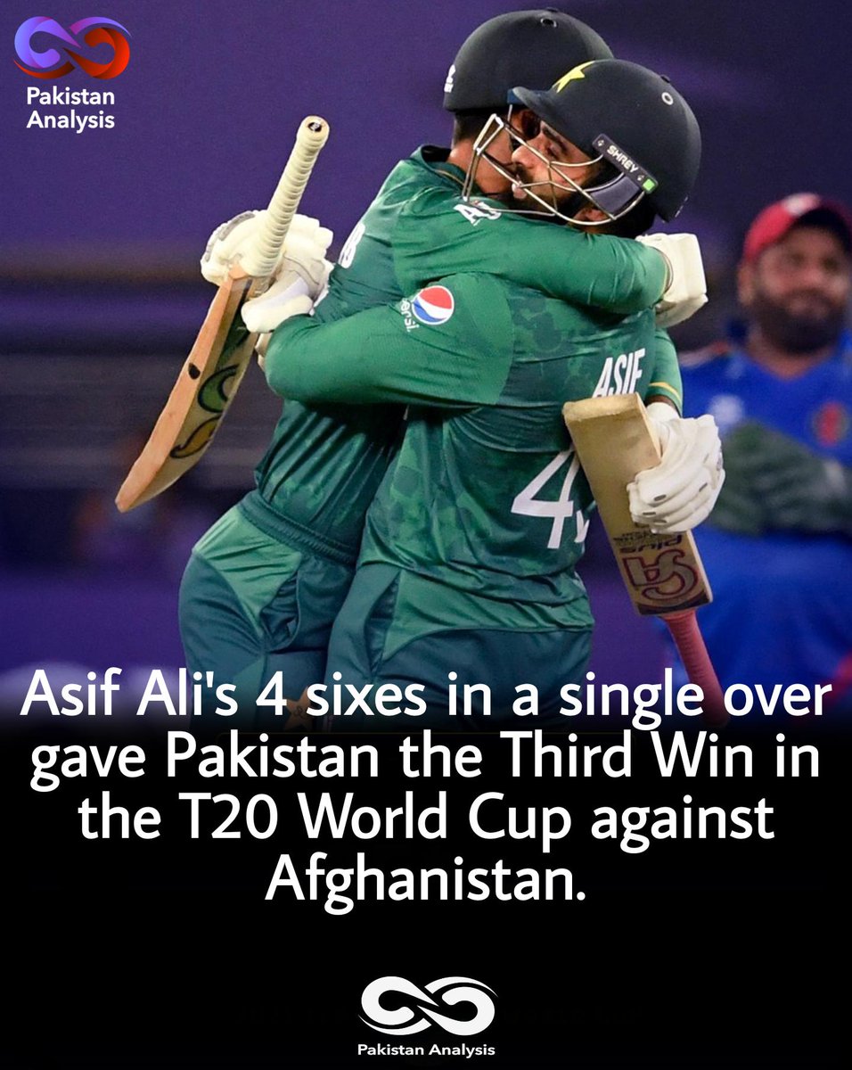 PakistanAnalys's tweet photo. "Congratulations Pakistan"
Pakistan beats Afghanistan by 5 wickets as Asif Ali hits four sixes in second-last over

Asif Ali's 4 sixes in a single over gave Pakistan the Third Consecutive Win in the T20 World Cup Match against Afghanistan.
#PakistanZindabad
#PakvsAfg #AsifAli https://t.co/xvDkO3EFpp