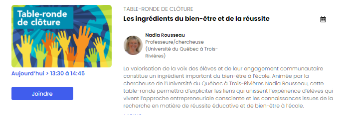 touchettev's tweet photo. Les liens qui unissent l’expérience d’élèves qui vivent l’approche entrepreneuriale consciente et les connaissances issues de la recherche en matière de #réussite et du #bienêtre à l’école avec #NadiaRousseau #uqrt #CongresIDEE @IdeeEducation @BonheurEcole https://t.co/RvU28dJVUS