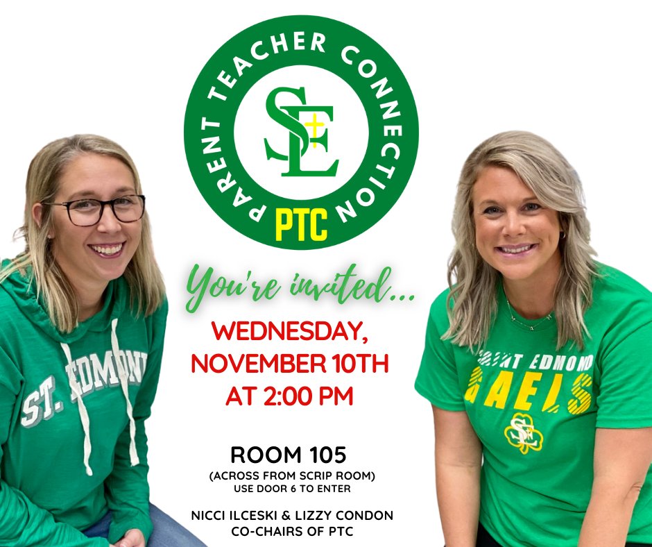 SEGaels's tweet photo. PTC Meeting Reminder!
Wednesday, November 10th at 2 p.m., Room 105
Hope to see you there!
Nicci and Lizzy
.
.
.
#ptcrocks #meetingreminder #stedmondcatholicschool https://t.co/ihsX0ZMEpG