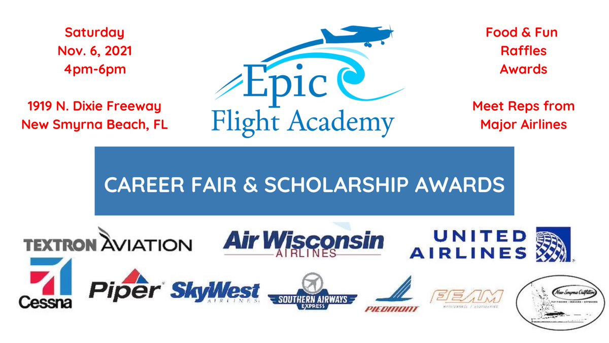 epicfltacademy's tweet photo. 7 more days until our 6th Annual Aviation Scholarship Awards Event and Career Fair! There will be food, fun, and a raffle. 

Our sponsors will include Cessna/Textron Aviation, Piper, United Airlines, Piedmont Airlines, SkyWest, AirWisconsin, Southern Airways Express, and more. https://t.co/fBcNIJsjIi