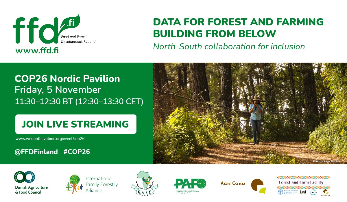 HuvioTiina's tweet photo. #COP26 approaching, and @FFDFinland work on forestry presented. Join us! #dataforinclusion #weareagricord @FFSPAKe @EAFFinfo @simosol_oy @spiseka @FFP_AgriCord https://t.co/T3ea7lLCGU