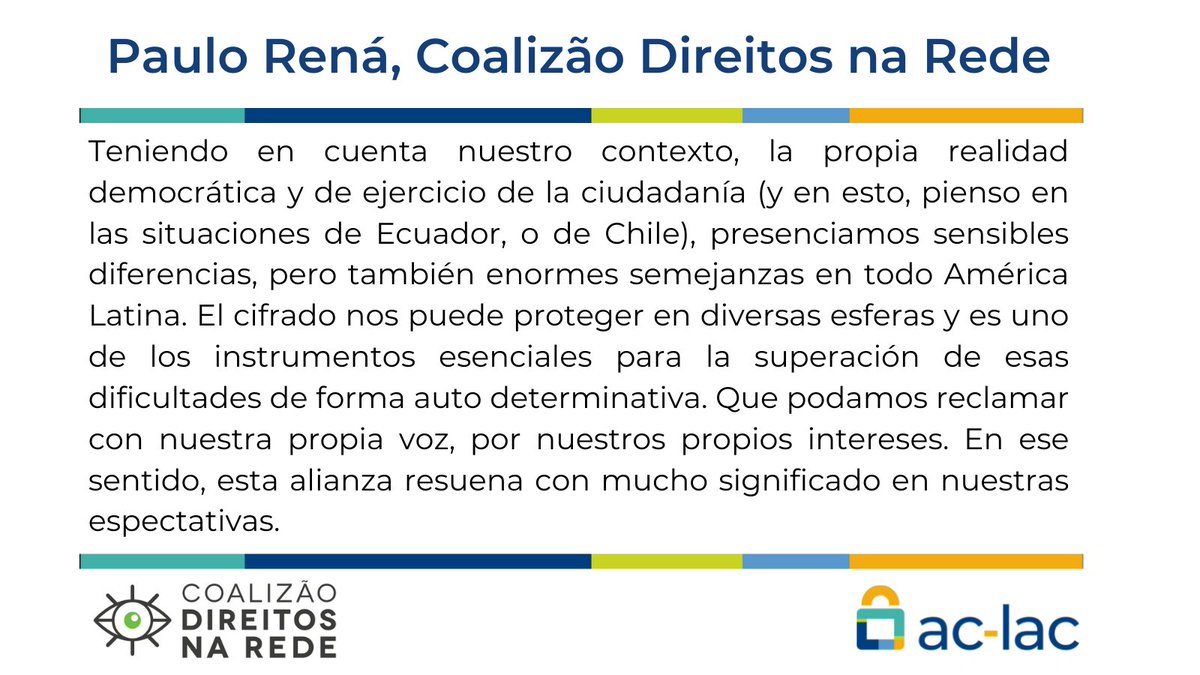aclac_alianza's tweet photo. #ACLAClive Cara a Cara:
El #cifrado nos puede proteger en diversas esferas y es uno de los instrumentos esenciales para "que podamos reclamar con nuestra propia voz, por nuestros propios intereses" expresa @prenass de @cdr_br 
Repasa su exposición aquí👇 
https://t.co/4tl4T3tLpg https://t.co/PmMfgwhG0R