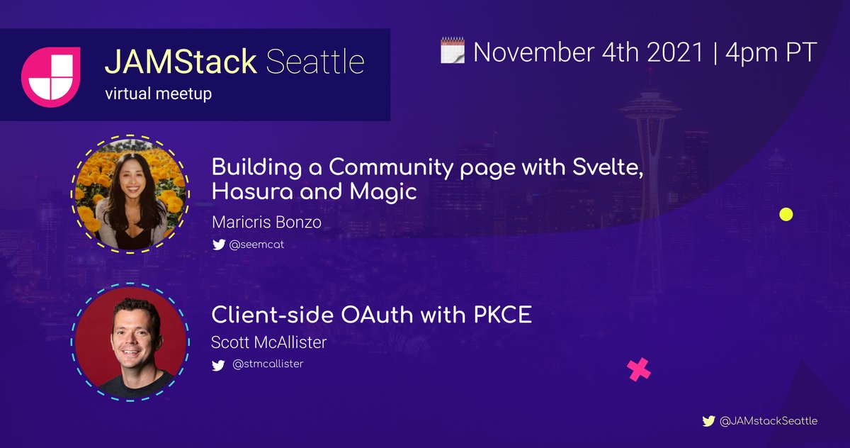 JAMstackSeattle's tweet image. ⭐️New meetup alert! 📅 Nov 4th at 4pm PT
Featuring Maricris Bonzo (@seemcat) and Scott McAllister (@stmcallister) 🤩
This will be a day where we talk about authentication on the #JAMStack and more! 🌈
Join us next week: meetup.com/jamstack-seatt…