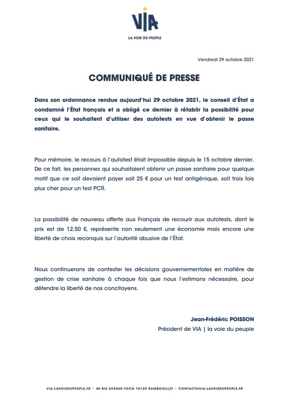 jfpoisson78's tweet photo. [RECOURS VICTORIEUX] Communiqué Presse ⤵️ expliquant notre victoire @via_officiel et notre conseil @pichon_frederic, le Conseil d'Etat ayant ordonné, suite à notre requête, la suspension du décret ministériel annulant l'utilisation des auto-tests pour obtention du pass-sanitaire. https://t.co/YcoJSmLVr1