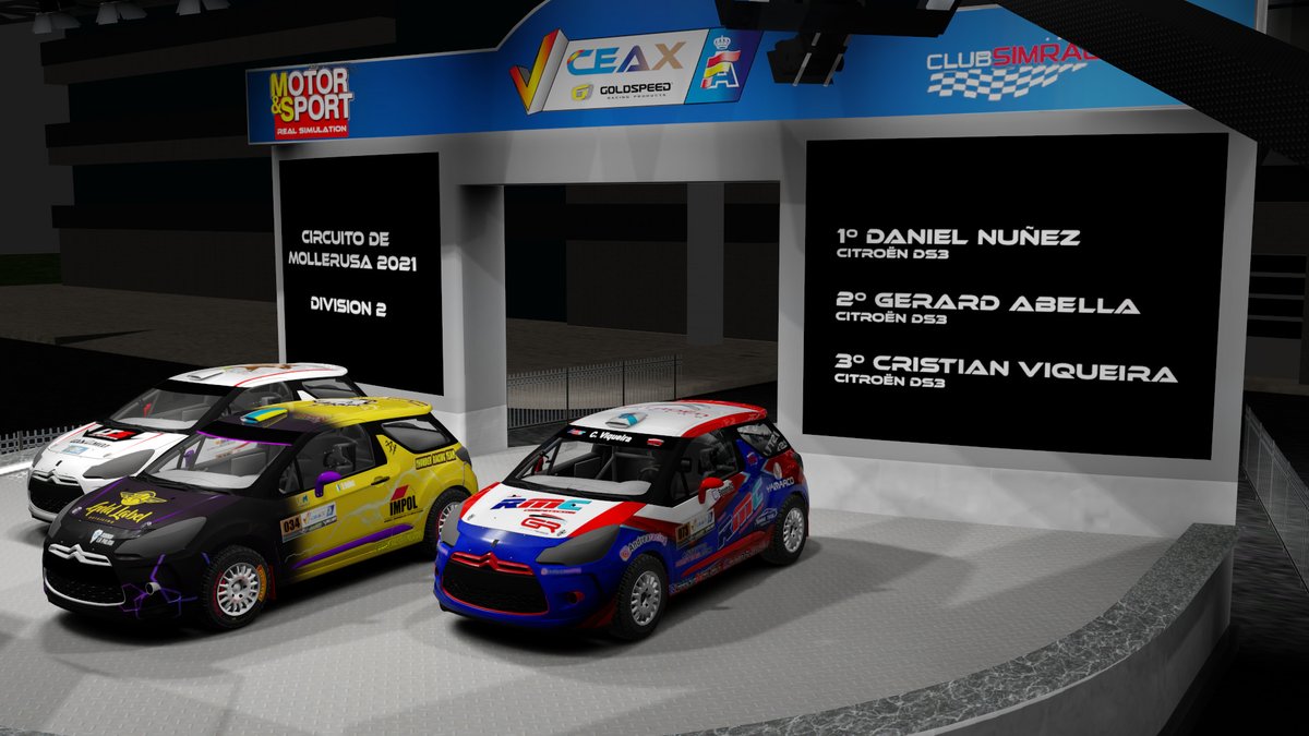 PODIO DE LOS GANADORES DE LA ULTIMA PRUEBA DEL CTO. DE ESPAÑA DE AUTOCROSS VIRTUAL - CEAX VIRTUAL - MOLLERUSA - DIVISIÓN 2  <a href="/club_simracing/">Club Simracing</a>  
1º <a href="/DaniNT12/">DaniNT_</a> 
2º <a href="/Abellonen_WRC/">Gerard Abella Farran</a> 
3º Cristian Viqueira