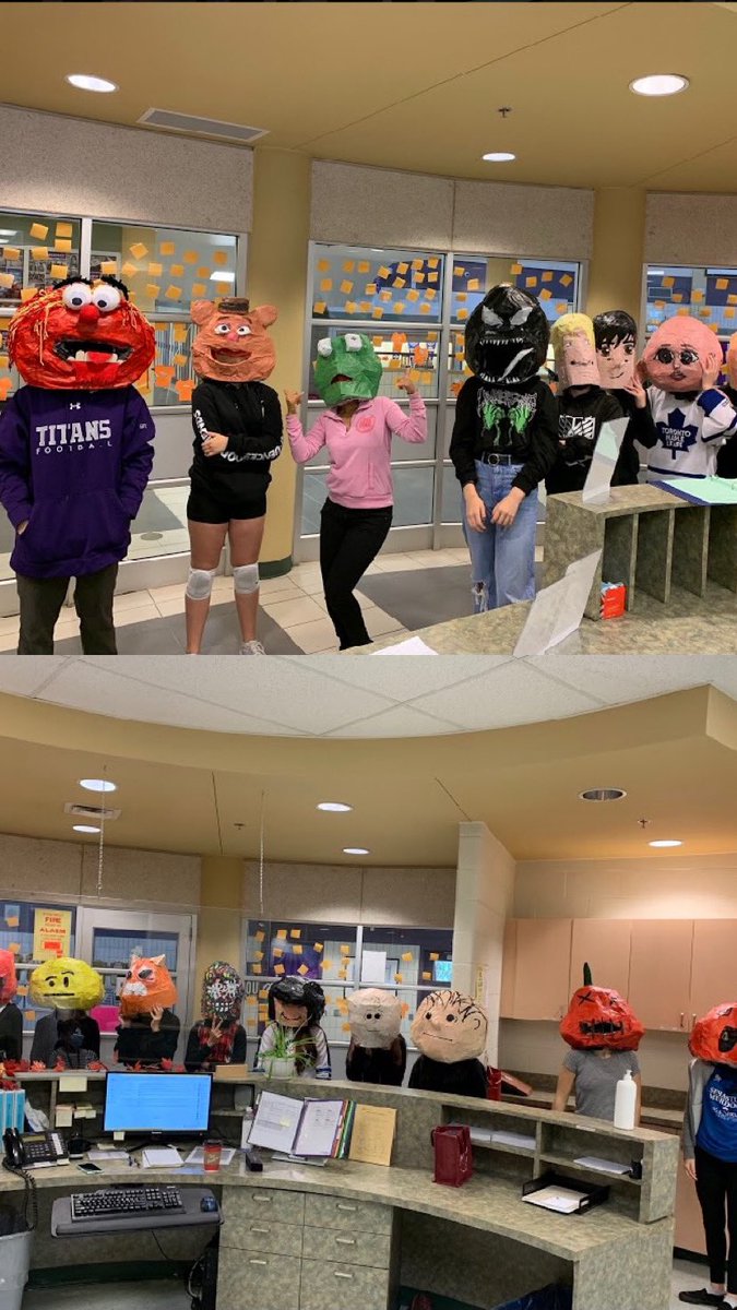 HTCSSPVNC's tweet photo. Grade 9 art class would like to wish you a Happy Hallowe'en!  #Papermacheart #bobbleheads #HTArt #pvnccreates #We💜HT https://t.co/qWRqj0bWb8