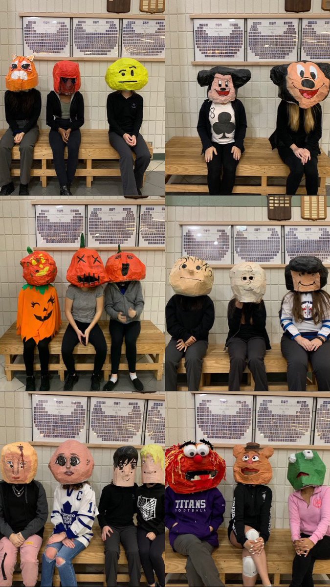 HTCSSPVNC's tweet photo. Grade 9 art class would like to wish you a Happy Hallowe'en!  #Papermacheart #bobbleheads #HTArt #pvnccreates #We💜HT https://t.co/qWRqj0bWb8