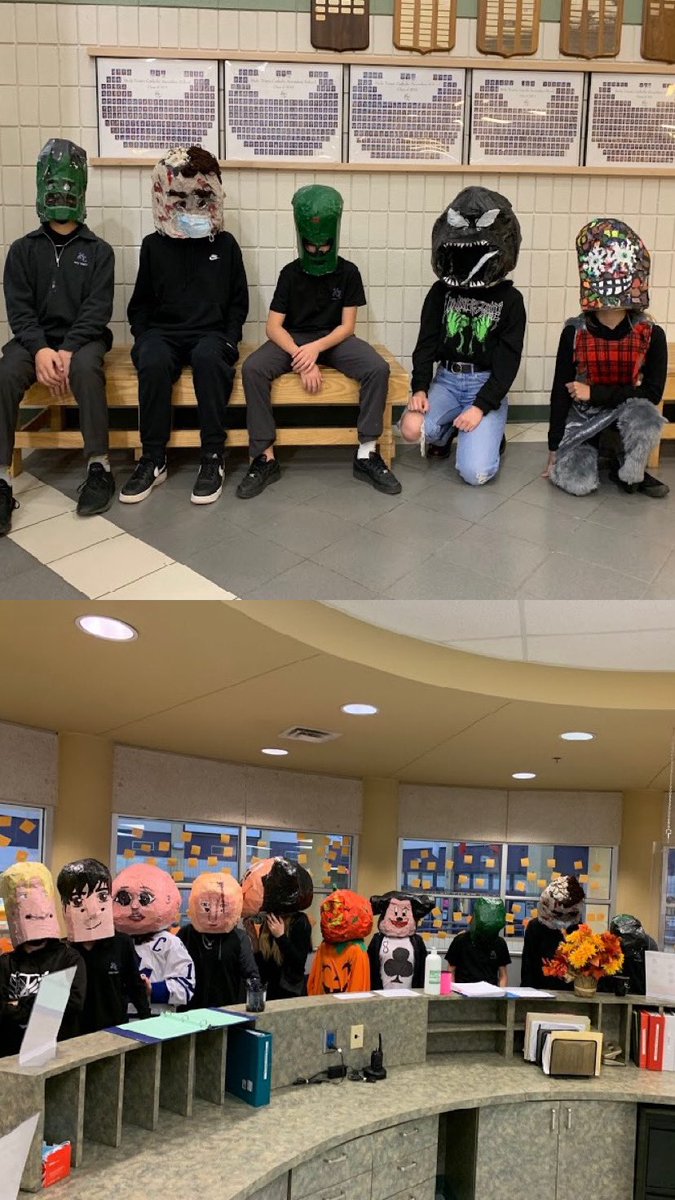 HTCSSPVNC's tweet photo. Grade 9 art class would like to wish you a Happy Hallowe'en!  #Papermacheart #bobbleheads #HTArt #pvnccreates #We💜HT https://t.co/qWRqj0bWb8