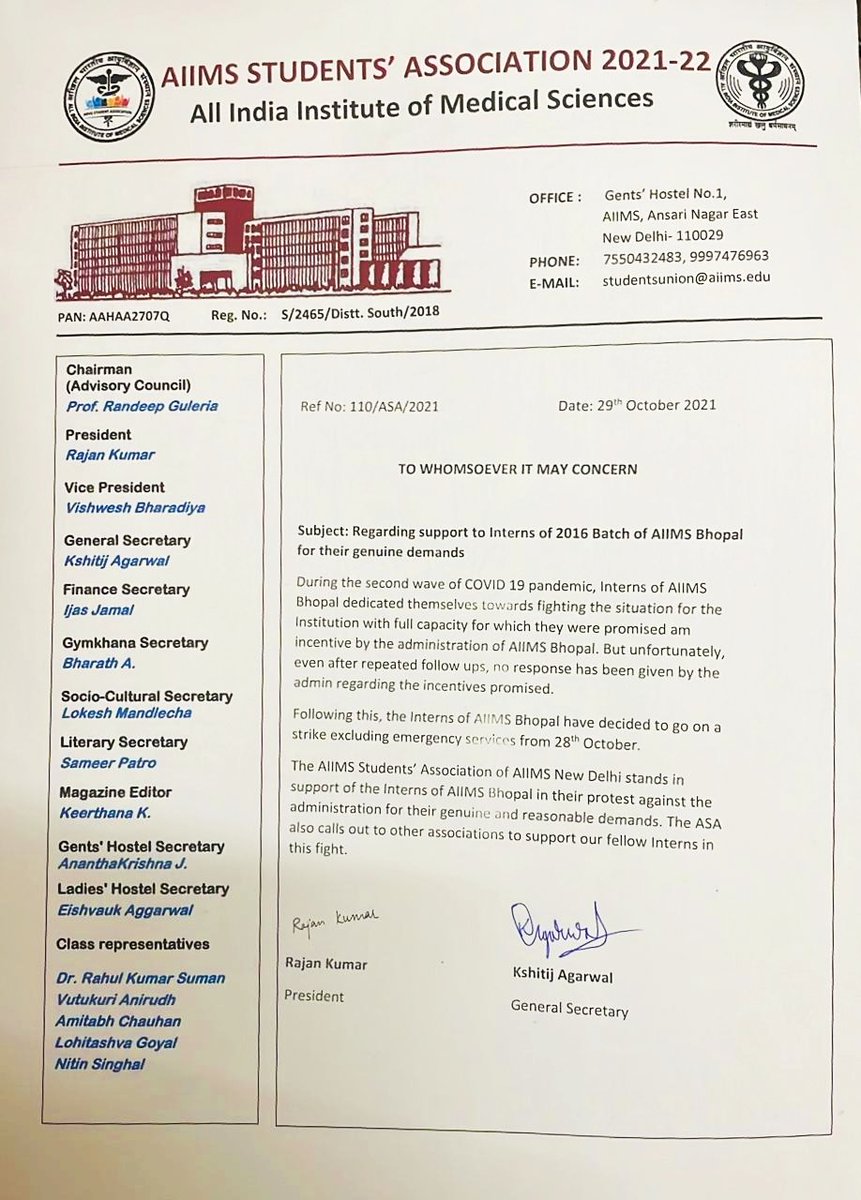 We stand in solidarity with the Interns of AIIMS, Bhopal for their genuine demands.
<a href="/internsaiimsbpl/">Interns, AIIMS BHOPAL</a> <a href="/AIIMSBhopal/">AIIMS-Bhopal Official</a> <a href="/MoHFW_INDIA/">Ministry of Health</a> <a href="/mansukhmandviya/">Dr Mansukh Mandaviya</a> <a href="/PMOIndia/">PMO India</a> <a href="/narendramodi/">Narendra Modi</a> <a href="/NMC_IND/">National Medical Commission</a> <a href="/ndtv/">NDTV</a> <a href="/ABPNews/">ABP News</a> <a href="/aajtak/">AajTak</a>