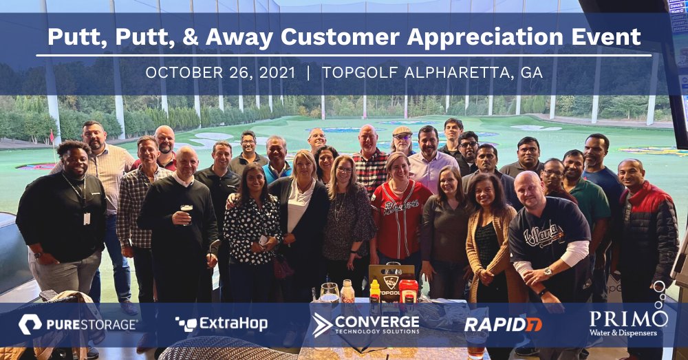 ConvergeTSC's tweet photo. Earlier this week, we were excited to get together in person for an awesome customer appreciation event at @TopgolfAtlanta! Thank you to everyone who came out and especially to our sponsors: @PrimoWater, @PureStorage, @ExtraHop, and @rapid7. #BetterTogether https://t.co/vDSP8VJUM1