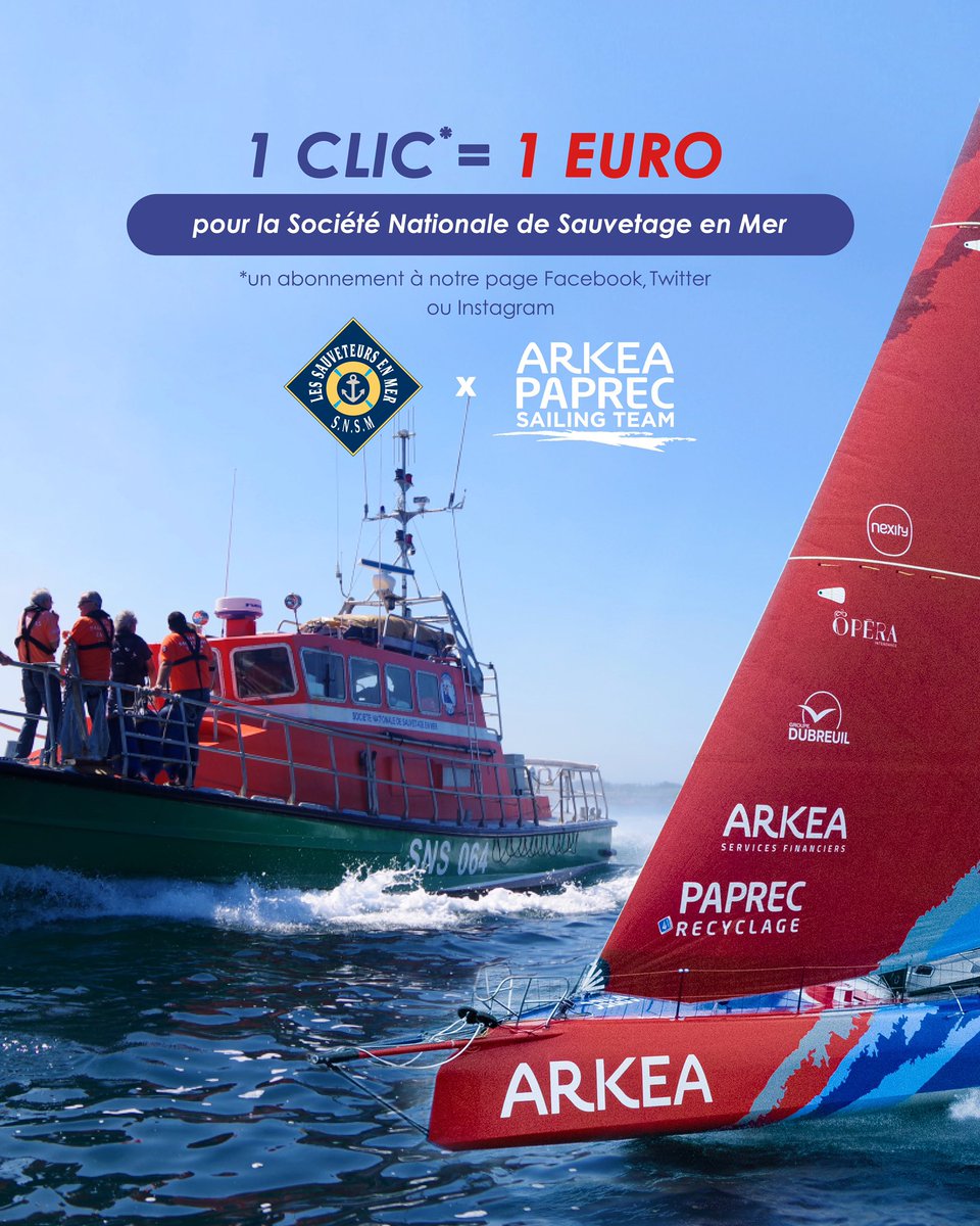🧡 #HérosDesMers
Après une opération réussie sur le dernier <a href="/VendeeGlobe/">Vendée Globe</a>, <a href="/cmarkea/">Crédit Mutuel Arkéa</a> et <a href="/Paprec_Group/">Paprec Group</a> renouvellent leur campagne 1 CLIC = 1 EURO pour soutenir les <a href="/SauveteursenMer/">SNSM</a> - SNSM !
📲 Chaque abonnement à notre page Facebook, Twitter et Instagram permettra de les soutenir 💪