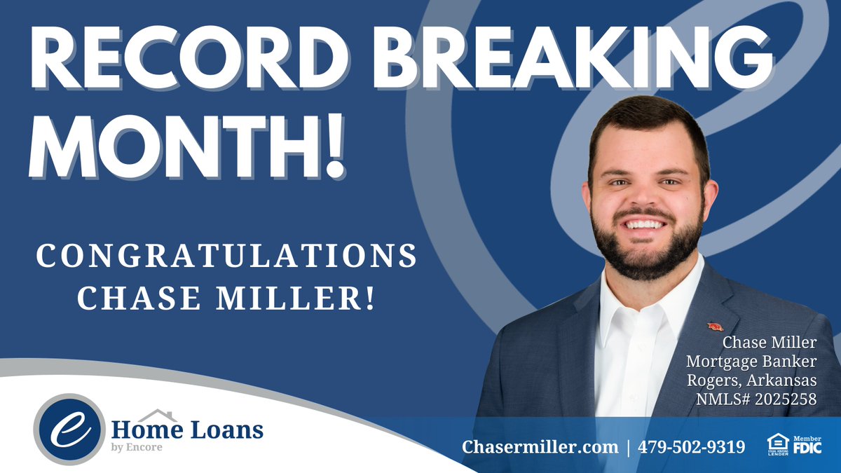 EncoreBank's tweet photo. Way to go Mortgage Banker Chase Miller! He just had a record breaking month in Rogers, Arkansas! 

Contact Chase today for your mortgage needs! Get started by going to https://t.co/qNVdNiUSFm. 

#buildingsomethingdifferent #wewintogether #mortgage https://t.co/7hDx0sw22l