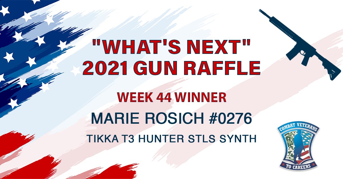 combatvets2care's tweet photo. Marie Rosich (ticket #0276) won the Tikka T3 Hunter Stls Synth earlier today in our CVC "What's Next" Gun Raffle - congrats Marie!

Thanks so much to Pat's Pawn &amp; Gun Shop for hosting this week’s Gun Raffle drawing - without Pat's this entire gun raffle would not be possible! https://t.co/uCmM6dfI2Z